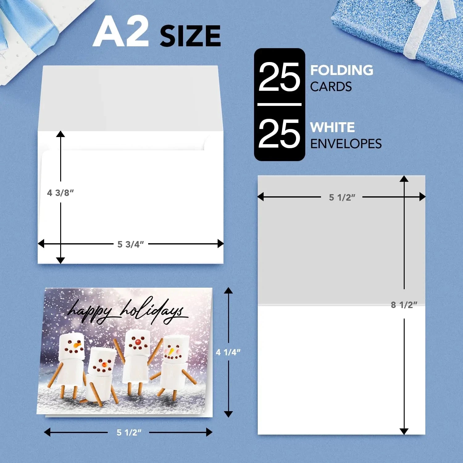 ‘Happy Holidays’ Marshmallow Snowmen Joyful Winter Greetings for Christmas and New Year’s Gifts and Presents Blank Inside. Set of 25 FoldCard