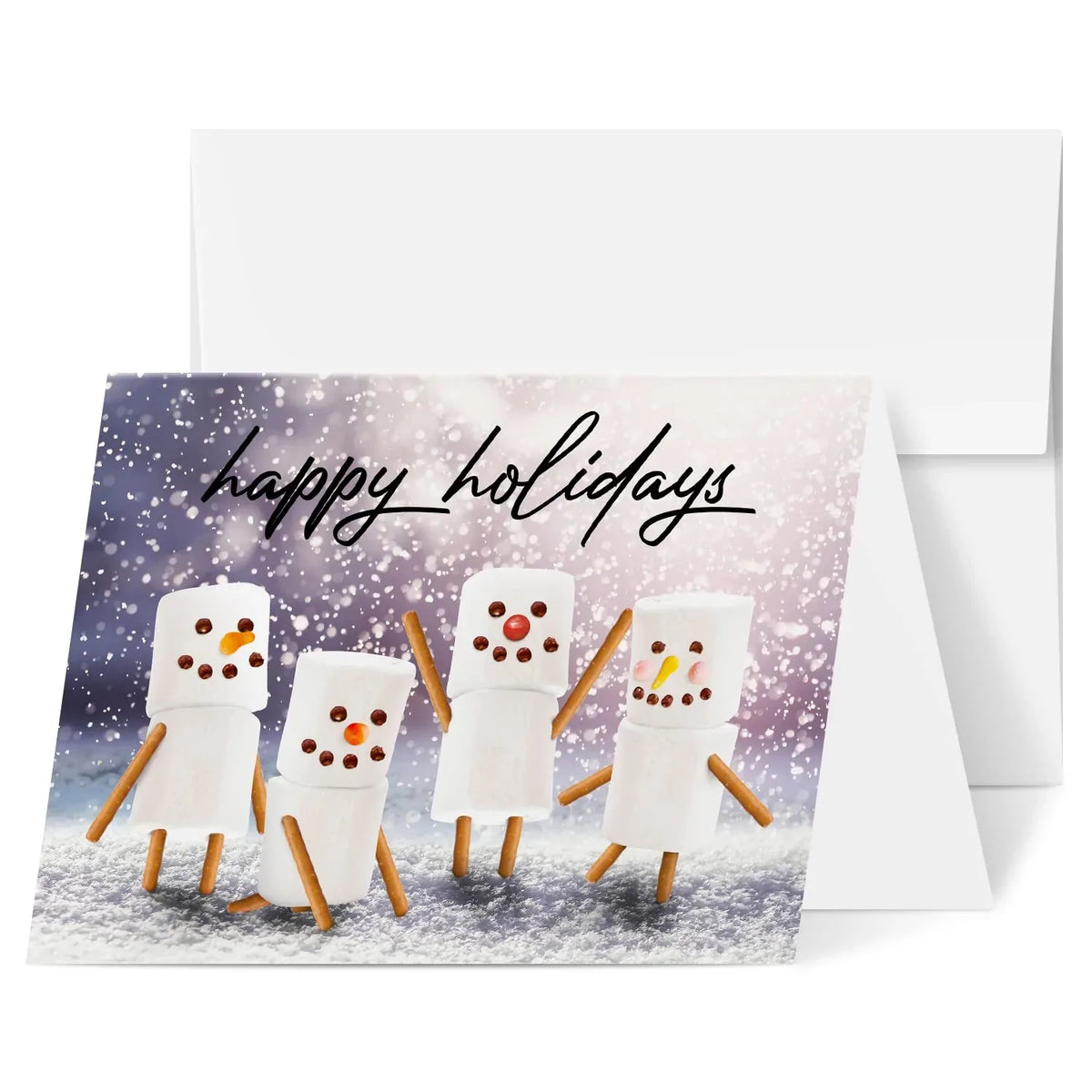 ‘Happy Holidays’ Marshmallow Snowmen Joyful Winter Greetings for Christmas and New Year’s Gifts and Presents Blank Inside. Set of 25 FoldCard