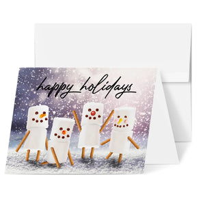 ‘Happy Holidays’ Marshmallow Snowmen Joyful Winter Greetings for Christmas and New Year’s Gifts and Presents Blank Inside. Set of 25 FoldCard