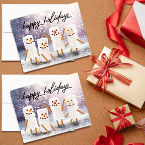 ‘Happy Holidays’ Marshmallow Snowmen Joyful Winter Greetings for Christmas and New Year’s Gifts and Presents Blank Inside. Set of 25 FoldCard