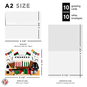 Happy Kwanzaa Greeting Cards with Envelopes Set, African American Celebration Card, Colorful & Bright Seven Candles Design | 4.25 x 5.5” | 10 per Pack FoldCard