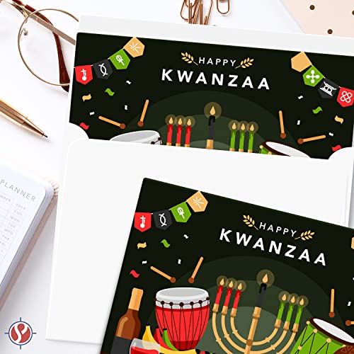 Happy Kwanzaa Greeting Cards with Envelopes Set, African American Celebration Card, Elegant Green Seven Candles Design | 4.25 x 5.5” | 10 per Pack FoldCard