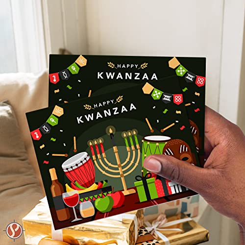 Happy Kwanzaa Greeting Cards with Envelopes Set, African American Celebration Card, Elegant Green Seven Candles Design | 4.25 x 5.5” | 10 per Pack FoldCard