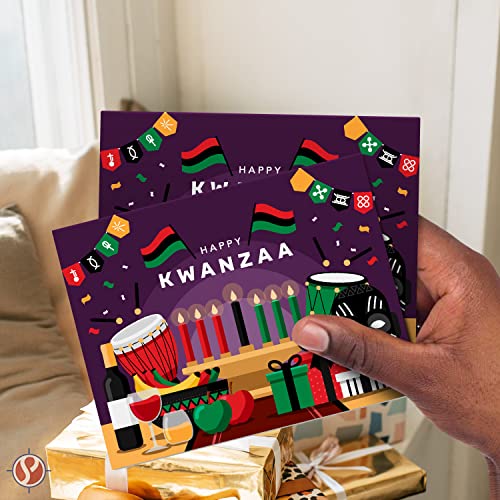 Happy Kwanzaa Greeting Cards with Envelopes Set, African American Celebration Card, Elegant Purple Seven Candles Design | 4.25 x 5.5” | 10 per Pack FoldCard