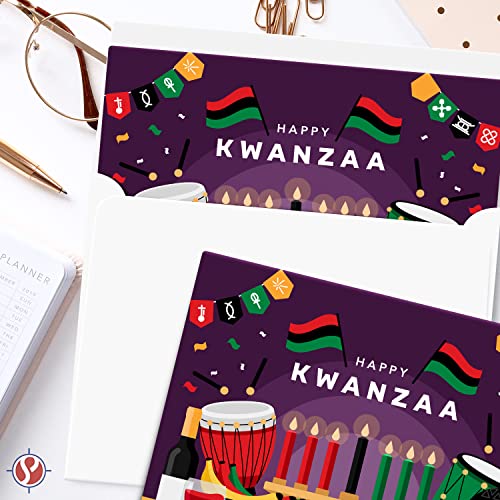 Happy Kwanzaa Greeting Cards with Envelopes Set, African American Celebration Card, Elegant Purple Seven Candles Design | 4.25 x 5.5” | 10 per Pack FoldCard