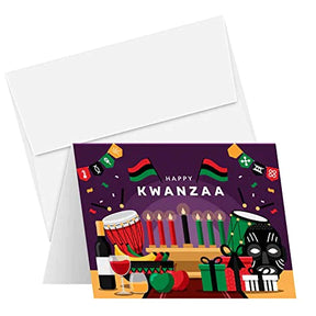 Happy Kwanzaa Greeting Cards with Envelopes Set, African American Celebration Card, Elegant Purple Seven Candles Design | 4.25 x 5.5” | 10 per Pack FoldCard