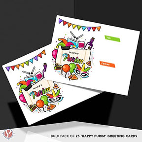 Happy Purim Greeting Cards, 80lb Cover (216gsm) - 4.25 x 5.5” - 25 per Pack FoldCard