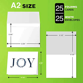 Joy Greeting Cards,  4.25 x 5.5 (A2 Size)  25 Cards and 25 Envelopes. FoldCard