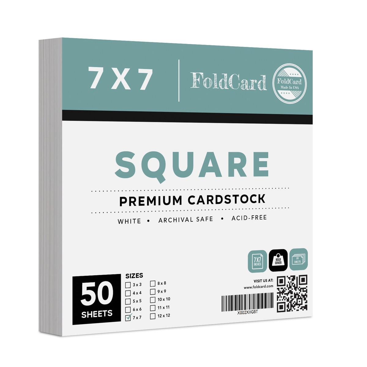 High-Quality White Square Cardstock 80 LB Cover, 7” x 7”, 50 Sheets Per Pack.