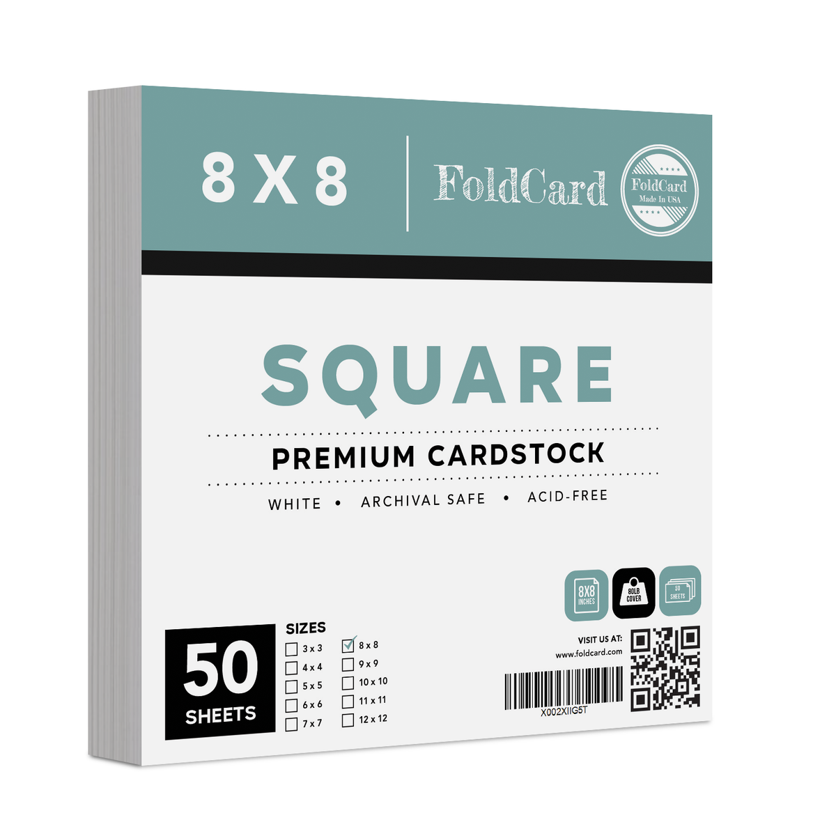 High-Quality White Square Cardstock 80 LB Cover, 8” x 8”, 50 Sheets Per pack.