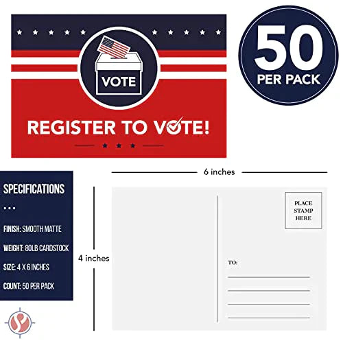 Register to Vote – Blank Patriotic Voting Post Cards Mailable (No Enve