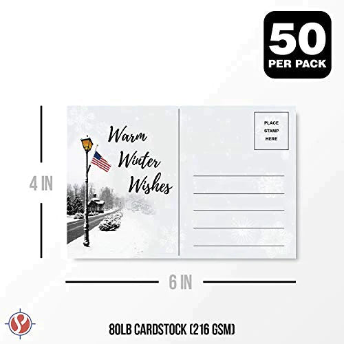 Warm Winter Wishes Postcards, Patriotic American 4 x 6" Postcards, 80lb Cardstock | 50 Count Per Pack FoldCard