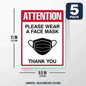 Wear A Face Mask Sign Bulk, Weather Proof, Water and Tear Resistant – Health Safety Signage for Homes, Schools, Offices, Business | 8.5 x 11 Inches | 5 Per Pack (Laminated) FoldCard