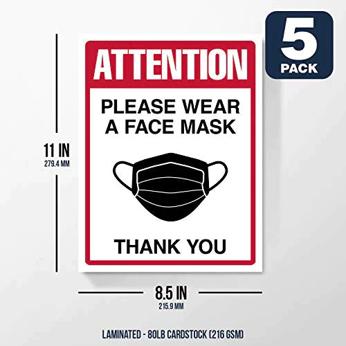 Wear A Face Mask Sign Bulk, Weather Proof, Water and Tear Resistant – Health Safety Signage for Homes, Schools, Offices, Business | 8.5 x 11 Inches | 5 Per Pack (Laminated) FoldCard