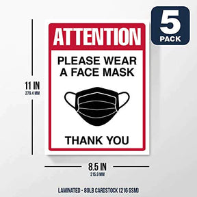 Wear Face Mask Sign Bulk, Safety Attention Signage for Homes, Hospitals, Nursing Homes, Schools, Offices, Business | 8.5 x 11 Inches | 5 Per Pack (Card Stock) FoldCard