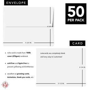 White 100lb Cover Blank Note Cards & Envelopes | 4 1/4" x 5 1/2" (A2 Size) | 50 Per Pack | This Is NOT A Fold Over Card FoldCard