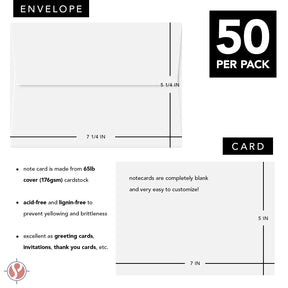 White 65lb Cover Blank Note Cards & Envelopes | 5" x 7" (A7 Size) | 50 Per Pack | This Is NOT A Fold Over Card FoldCard