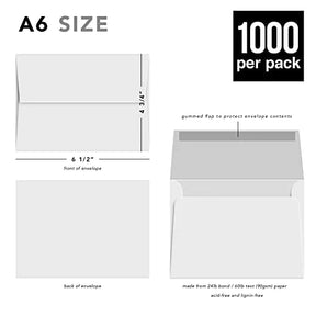 White A6 Envelopes – Perfect for 4.5 x 6 Greeting Cards, Wedding Invitations, Postcards, Photos | Gummed Square Flap | Bulk Pack of 1000 Envelopes | 4 3/4" x 6 1/2" FoldCard