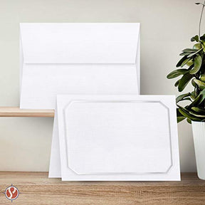 White Linen Blank Fold Over Greeting Cards with Silver Embossed Border and White Linen Envelopes | 5x7 Inches When Folded | 80lb, 216gsm | Set of 20 per Pack FoldCard